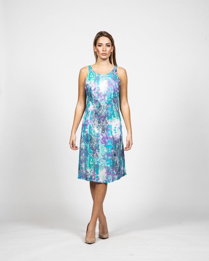 Large Scoop Neck Multi Color Printed Dress - Front View - Samuel Vartan