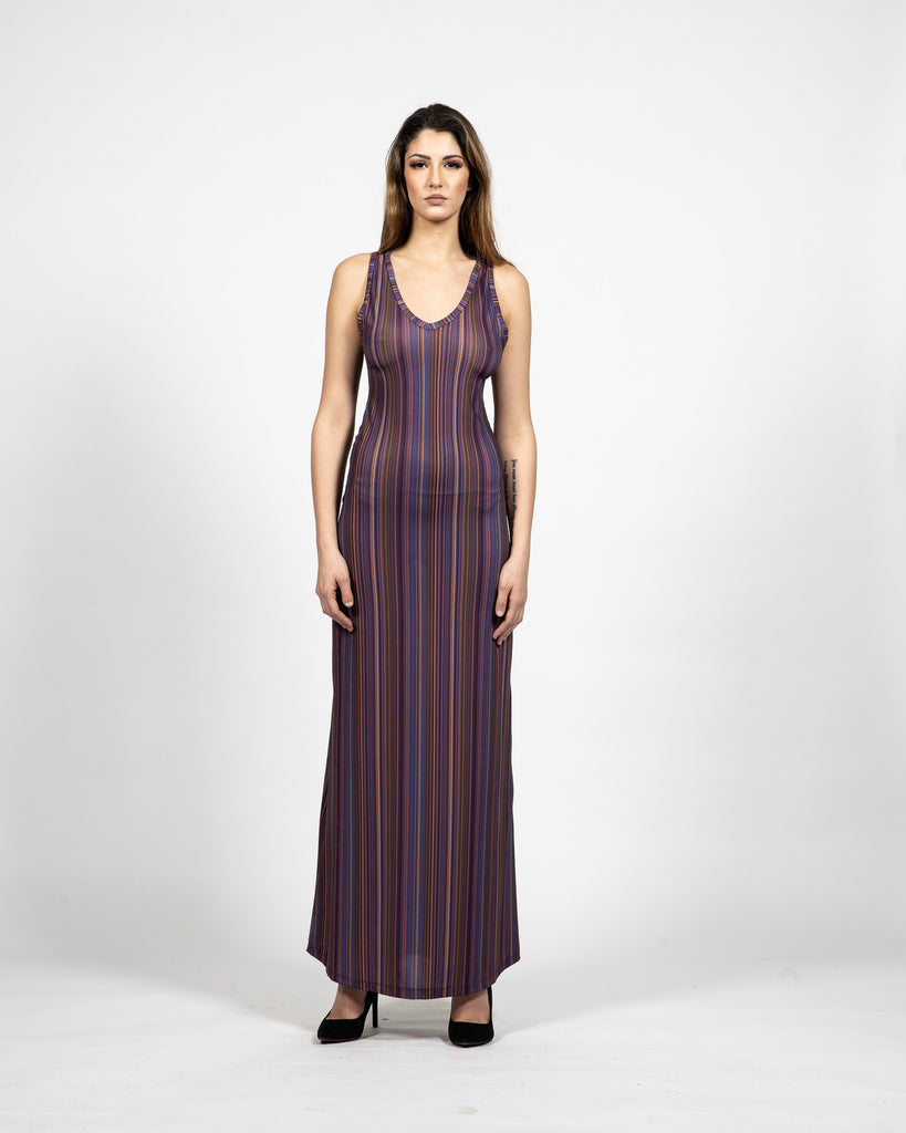 V - Neck Purple Pin Stripe Dress - Front View - Samuel Vartan