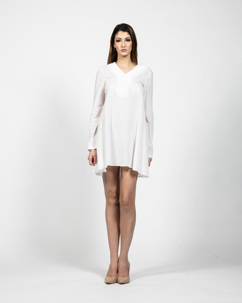 Long Sleeved Loose White Dress - Front View - Samuel Vartan