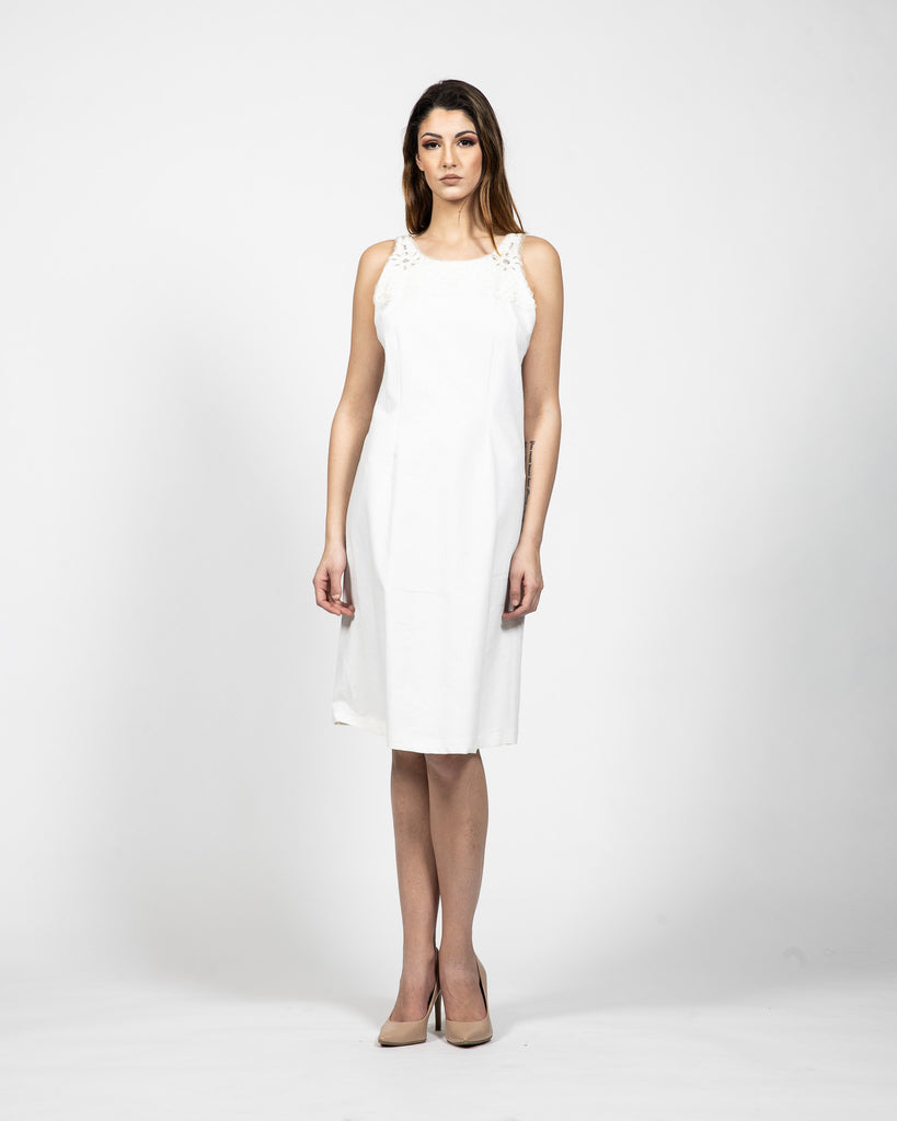 Scoop Neck White Linen Dress - Front View - Samuel Vartan