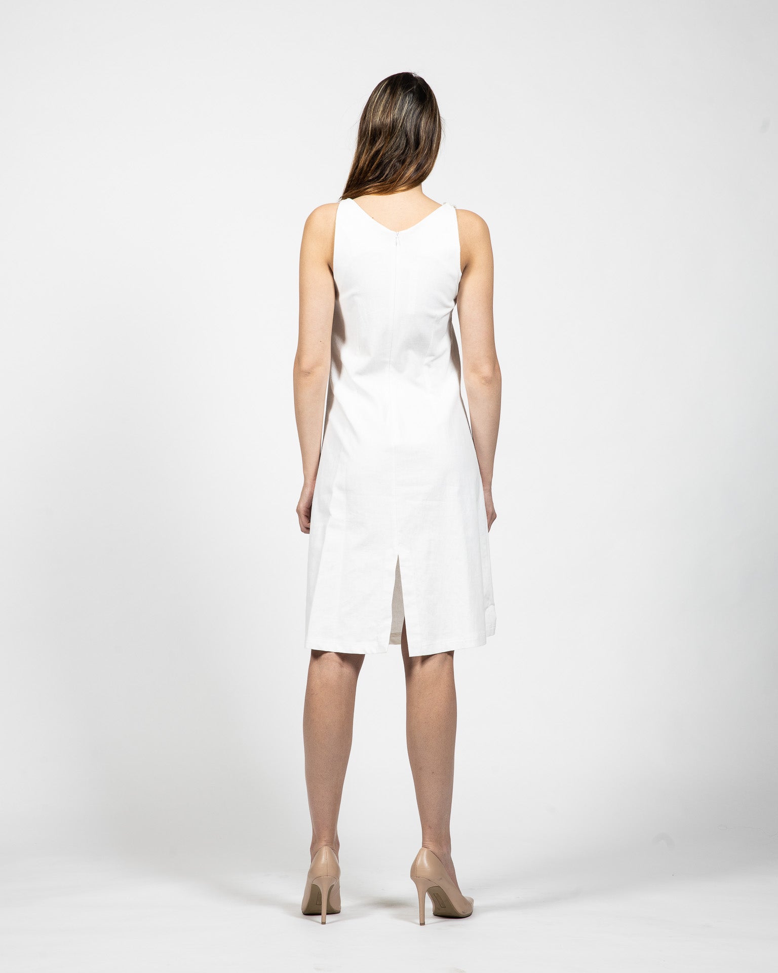 Scoop Neck White Linen Dress - Back View - Samuel Vartan