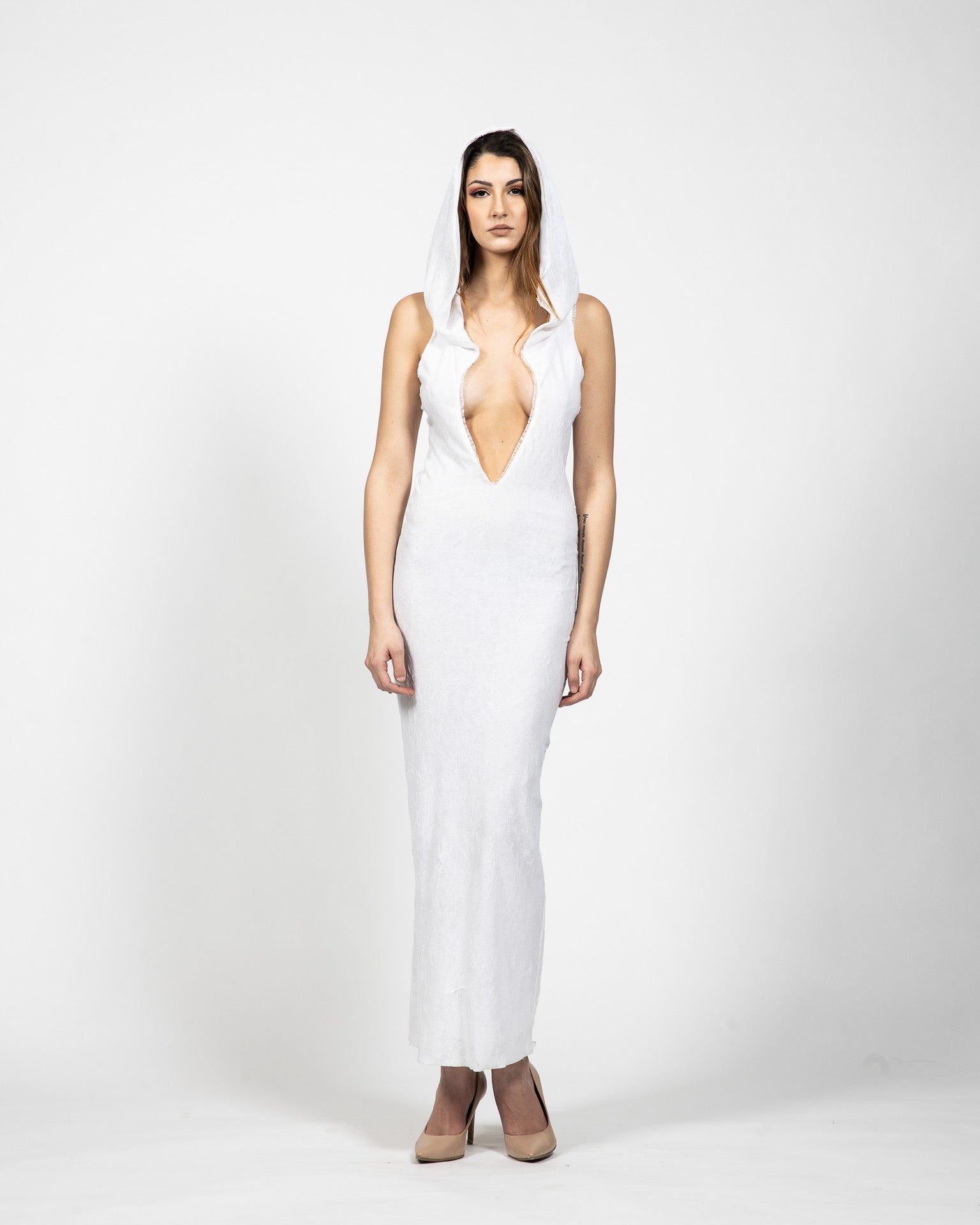 Long White Sleeveless Dress With Hood - Front View - Samuel Vartan