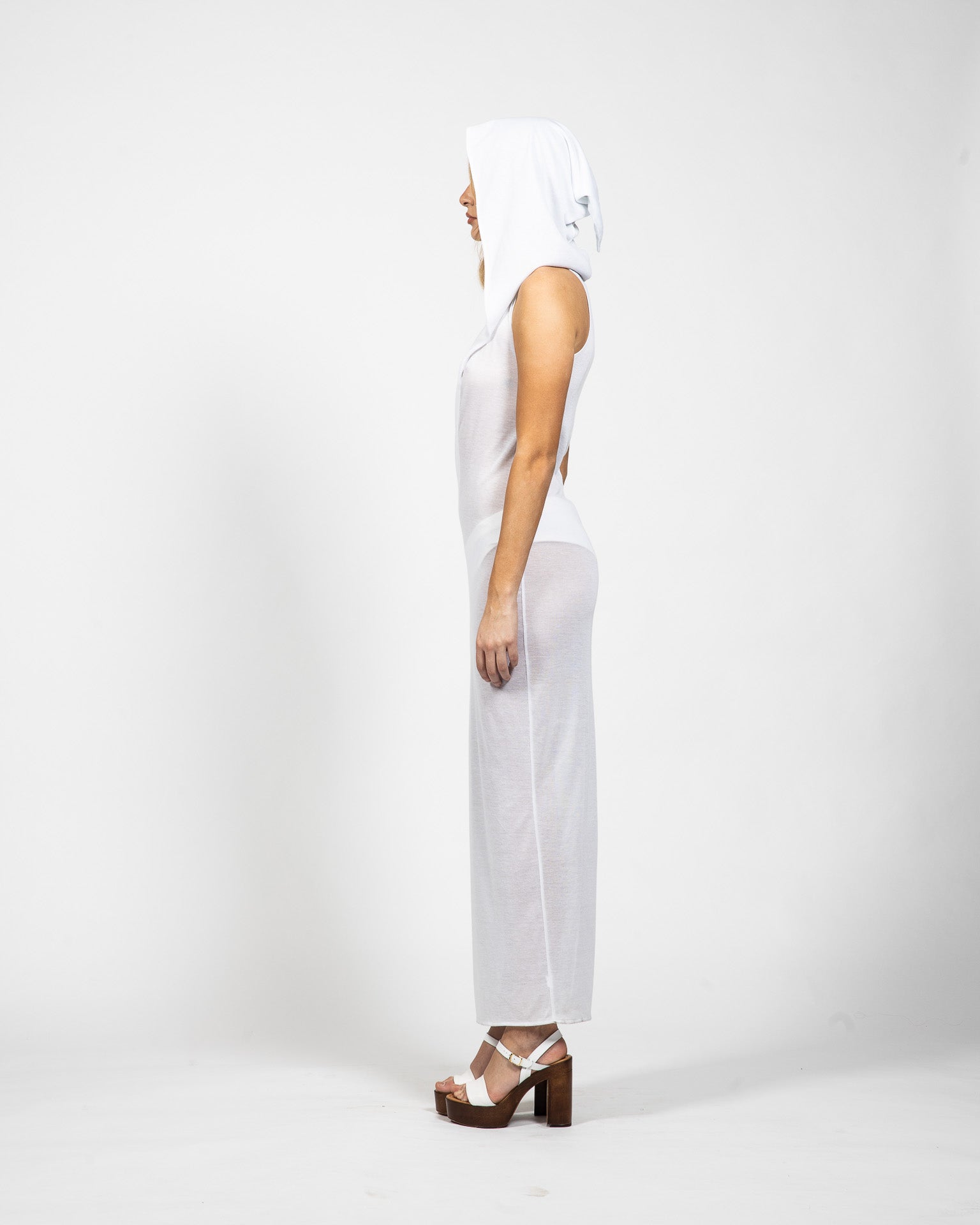 Long White Sleeveless Dress With Hood - Side View - Samuel Vartan