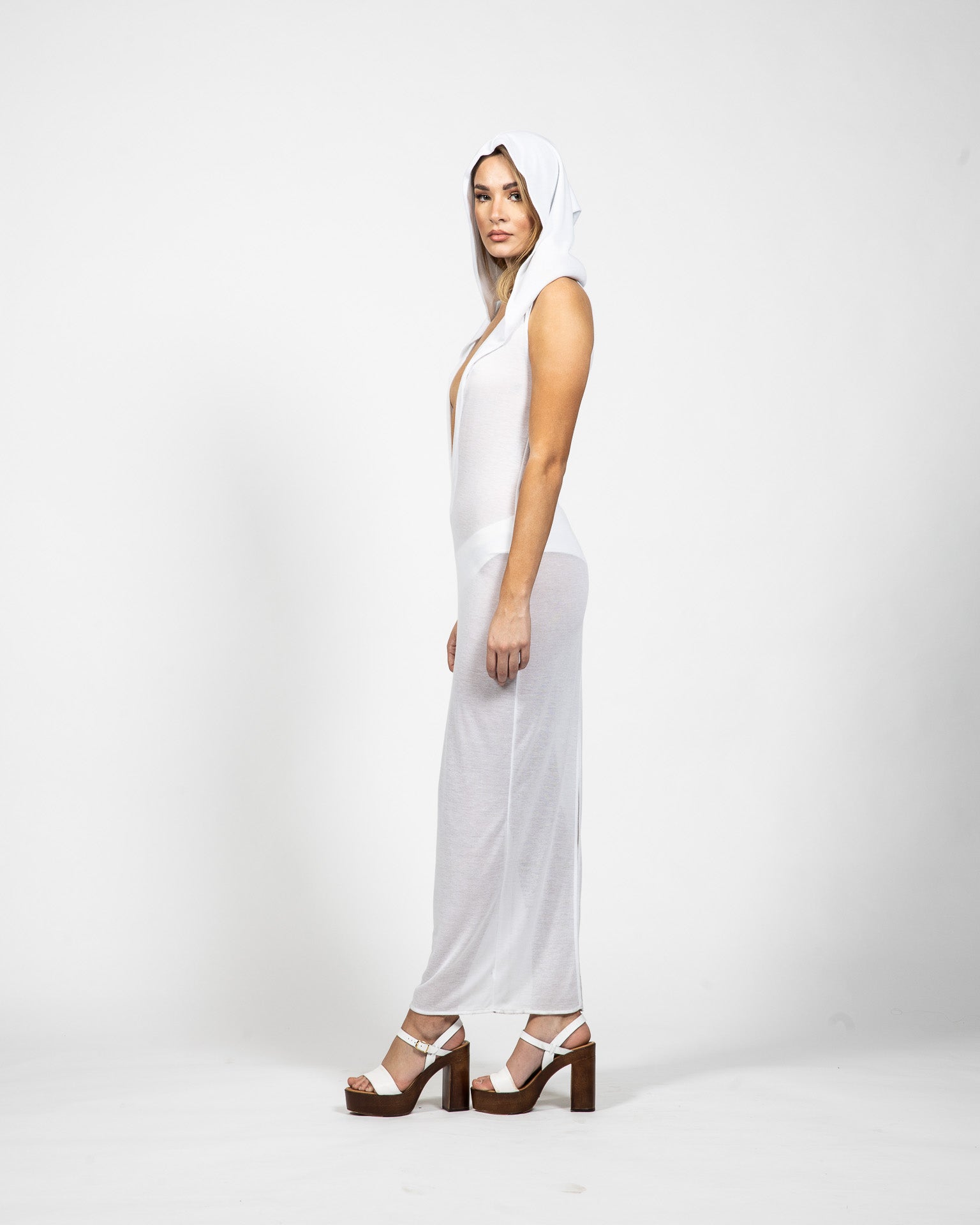 Long White Sleeveless Dress With Hood - 3/4th View - Samuel Vartan