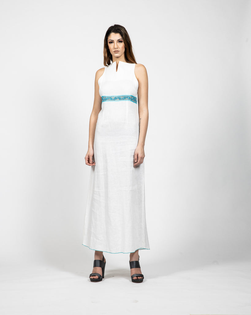 Long A - Line White Linen Dress - Front View - Samuel Vartan