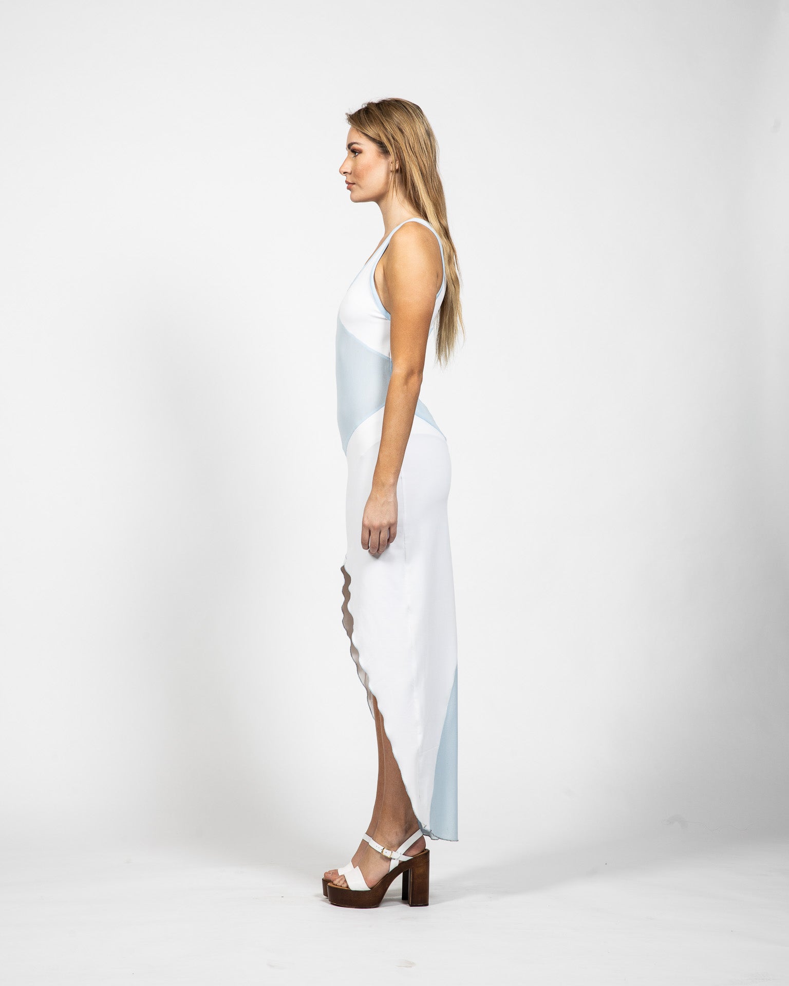 White V – Neck Dress With Blue Panels - Side View - Samuel Vartan
