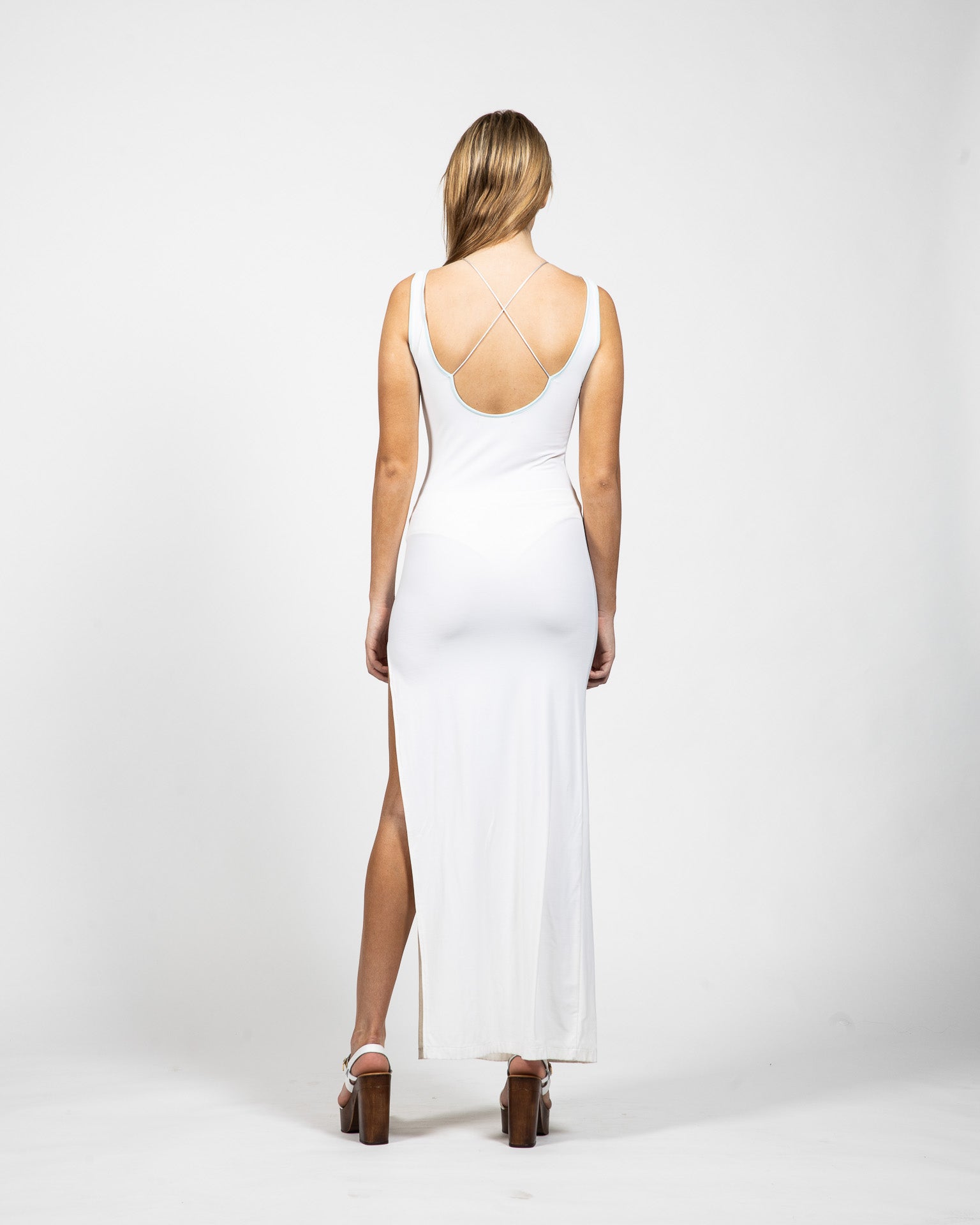 Long White Dress With Appliqued Neckline - Back View - Samuel Vartan