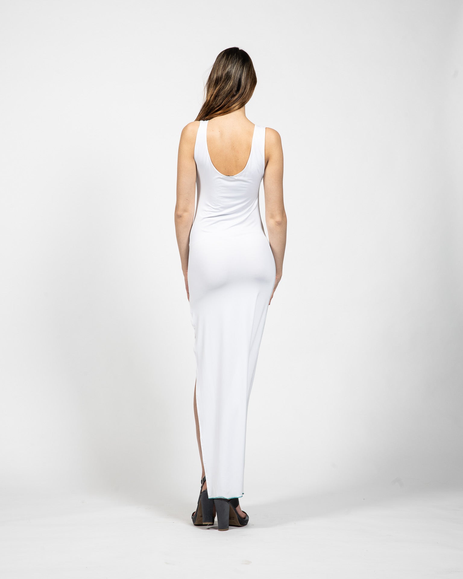 V – Neck Long White Dress - Back View - Samuel Vartan