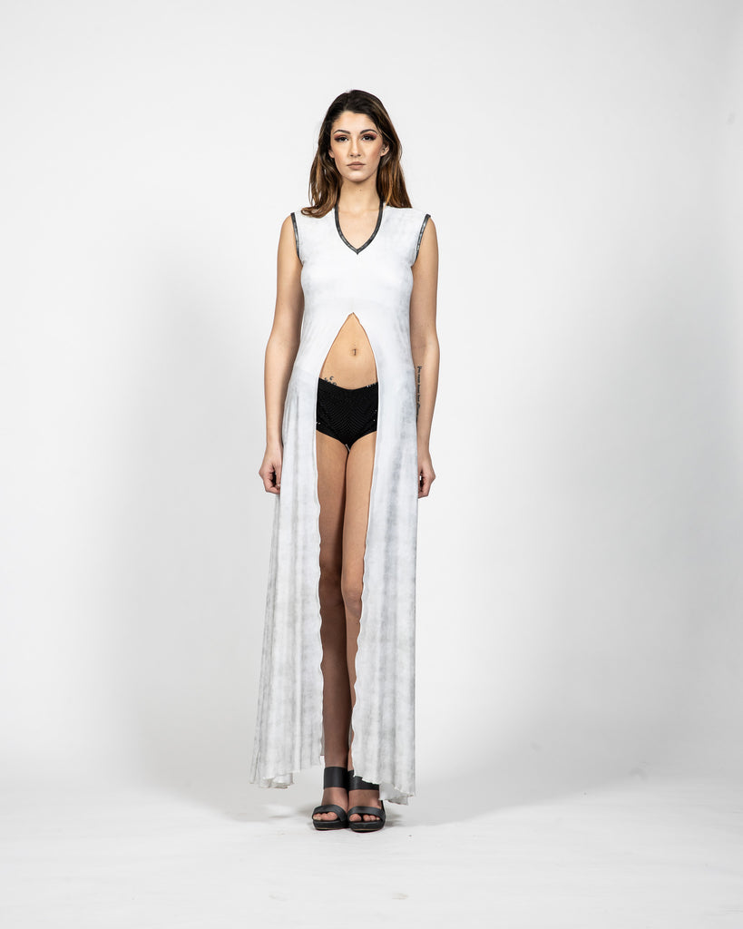 Maxi V – Neck White Dress - Front View - Samuel Vartan