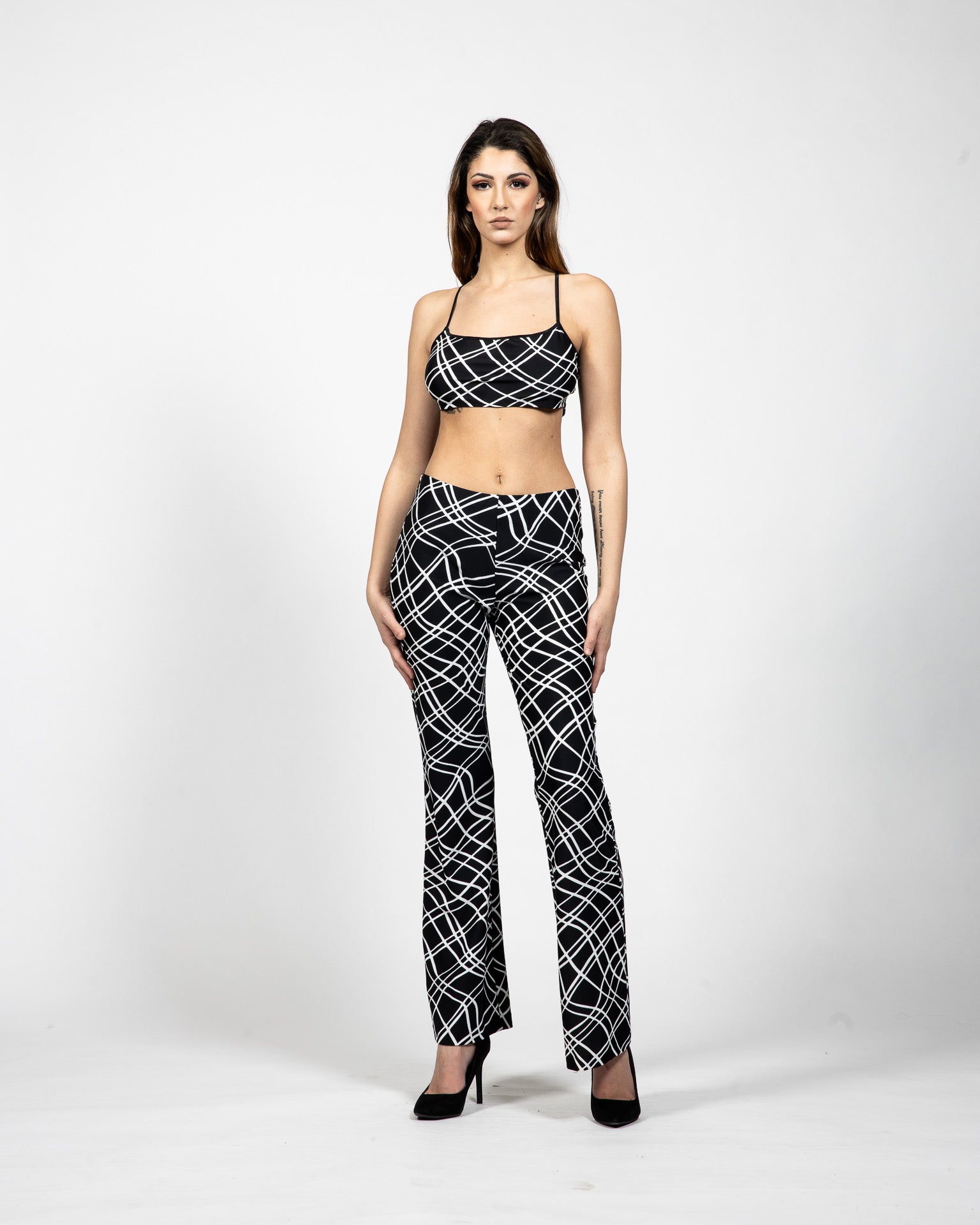 Printed Cropped Bra Top, Shorts And Pants With Waist Bands - Front View - Samuel Vartan
