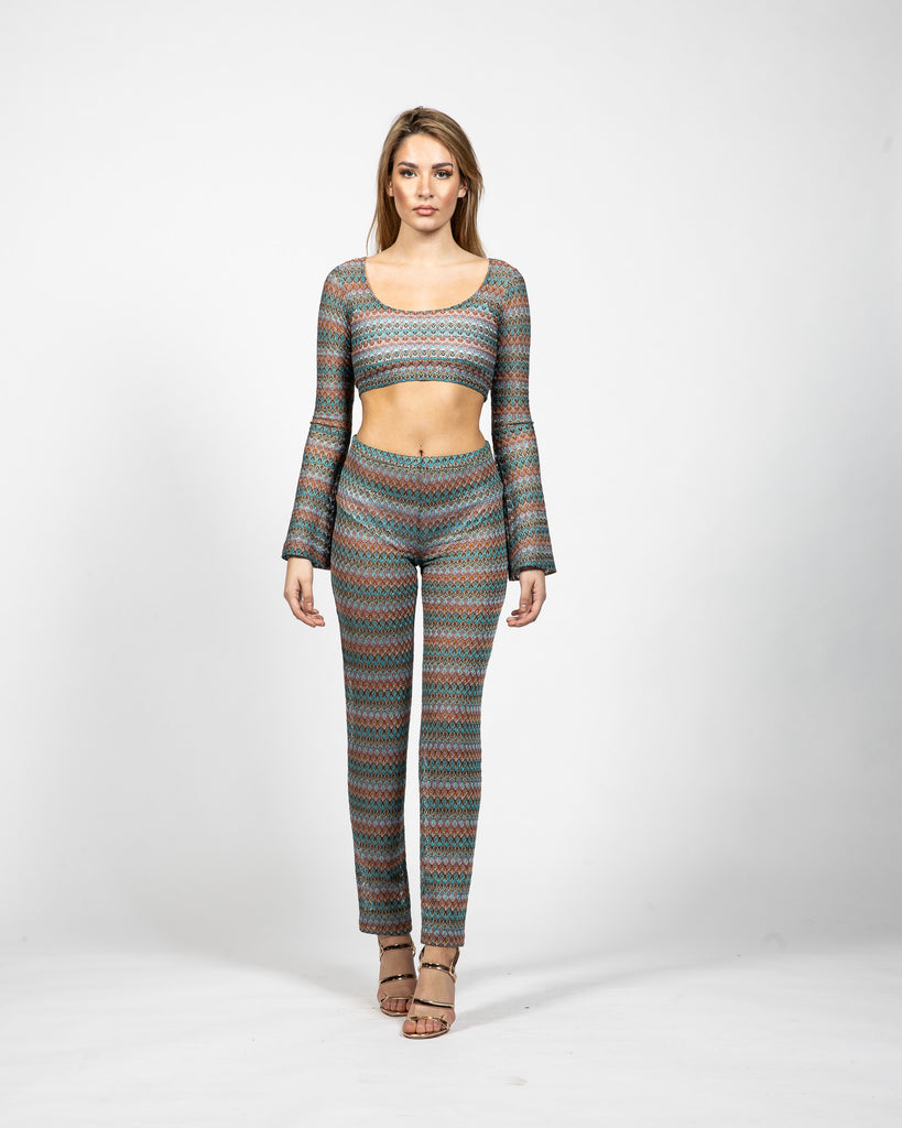 Cropped halter top, bolero shrug, cropped top with long sleeves with matching stretch pants - Front View - Samuel Vartan