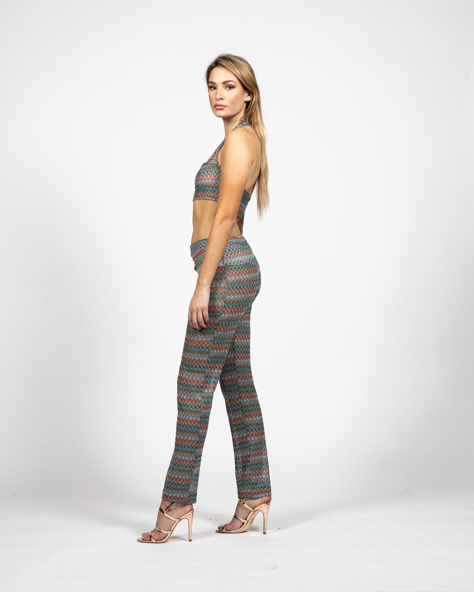 Cropped halter top, bolero shrug, cropped top with long sleeves with matching stretch pants - 3/4th View - Samuel Vartan