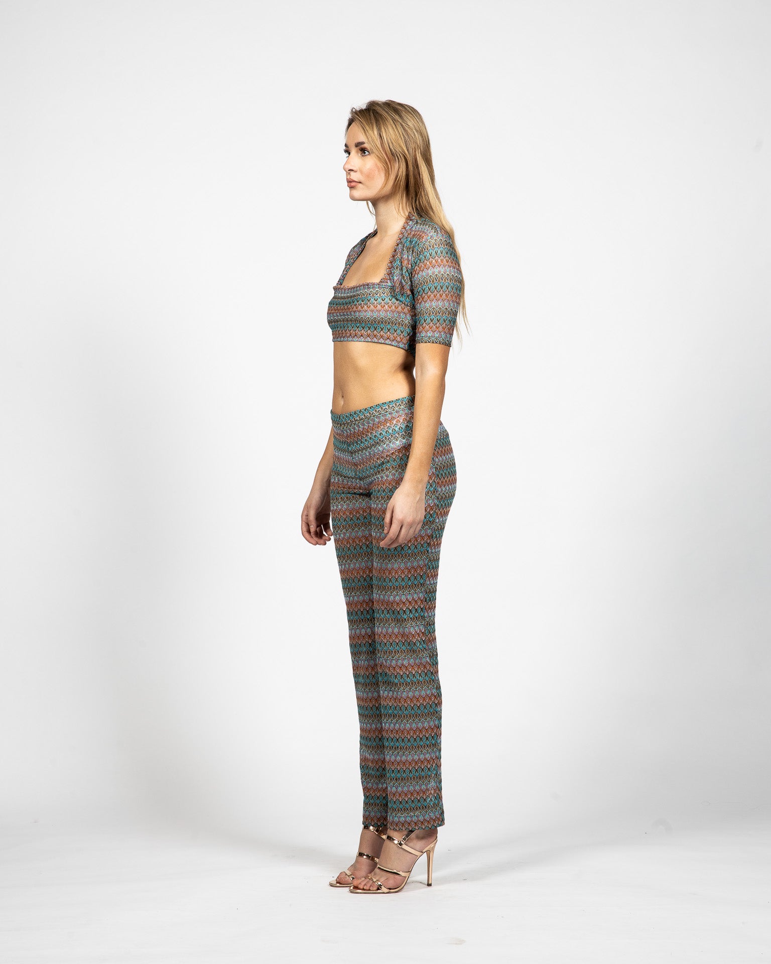 Cropped halter top, bolero shrug, cropped top with long sleeves with matching stretch pants - Side View - Samuel Vartan