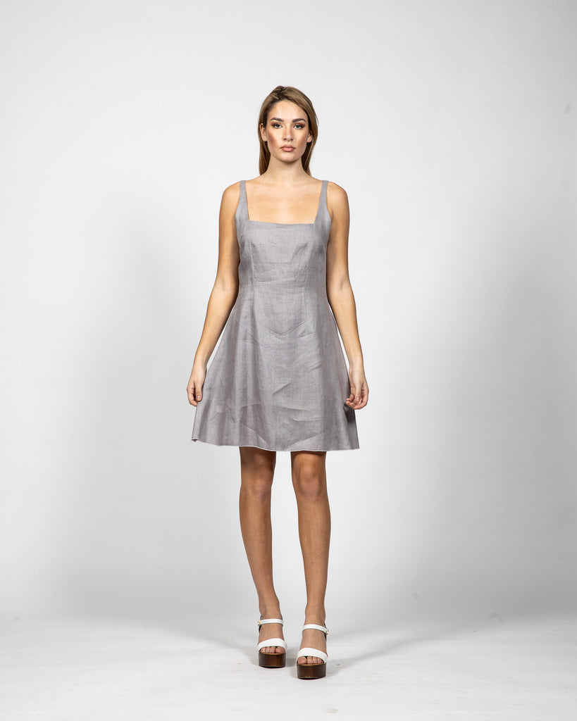 Square Grey Linen Dress - Front View - Samuel Vartan