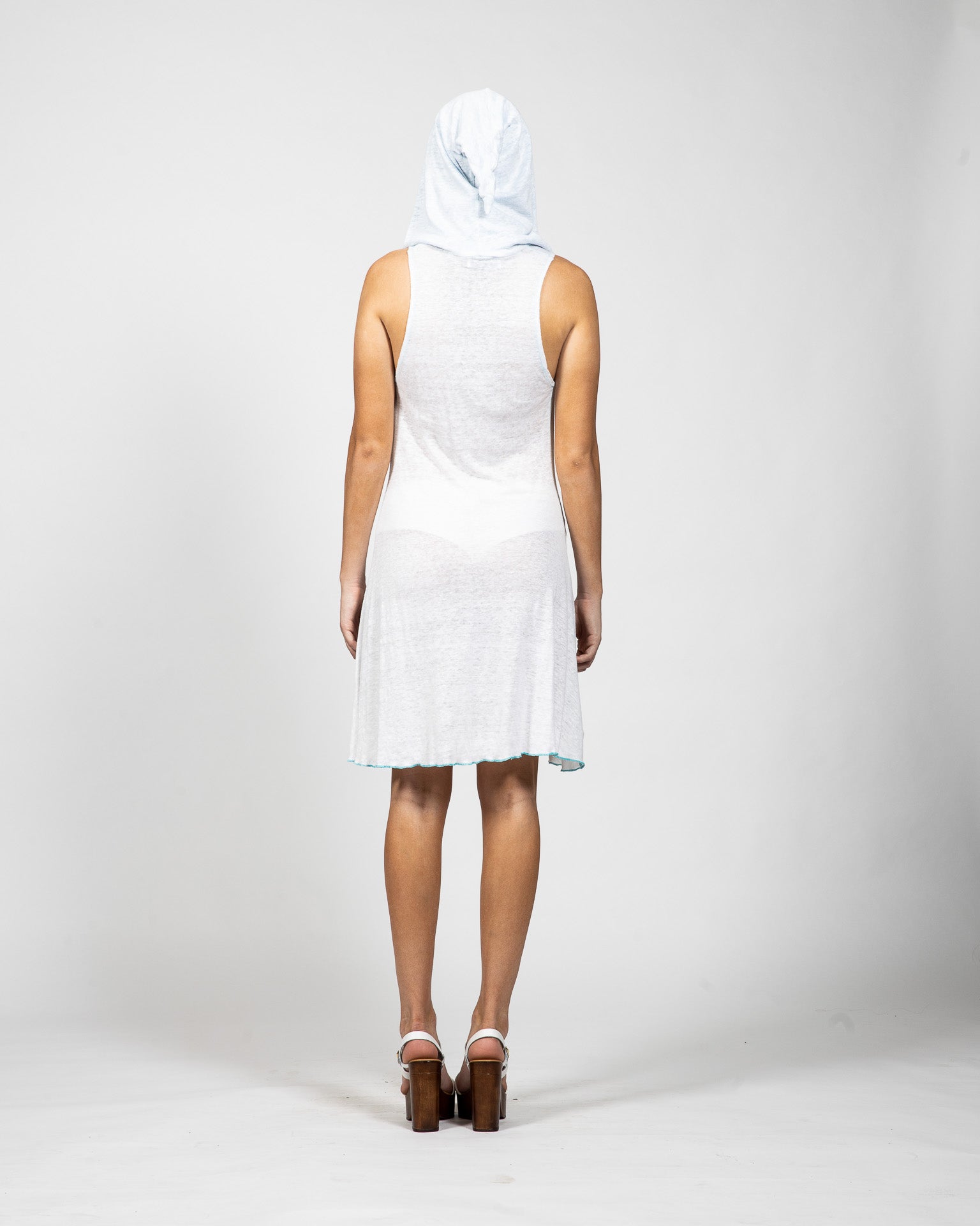 White Linen Hooded Dress - Back View - Samuel Vartan
