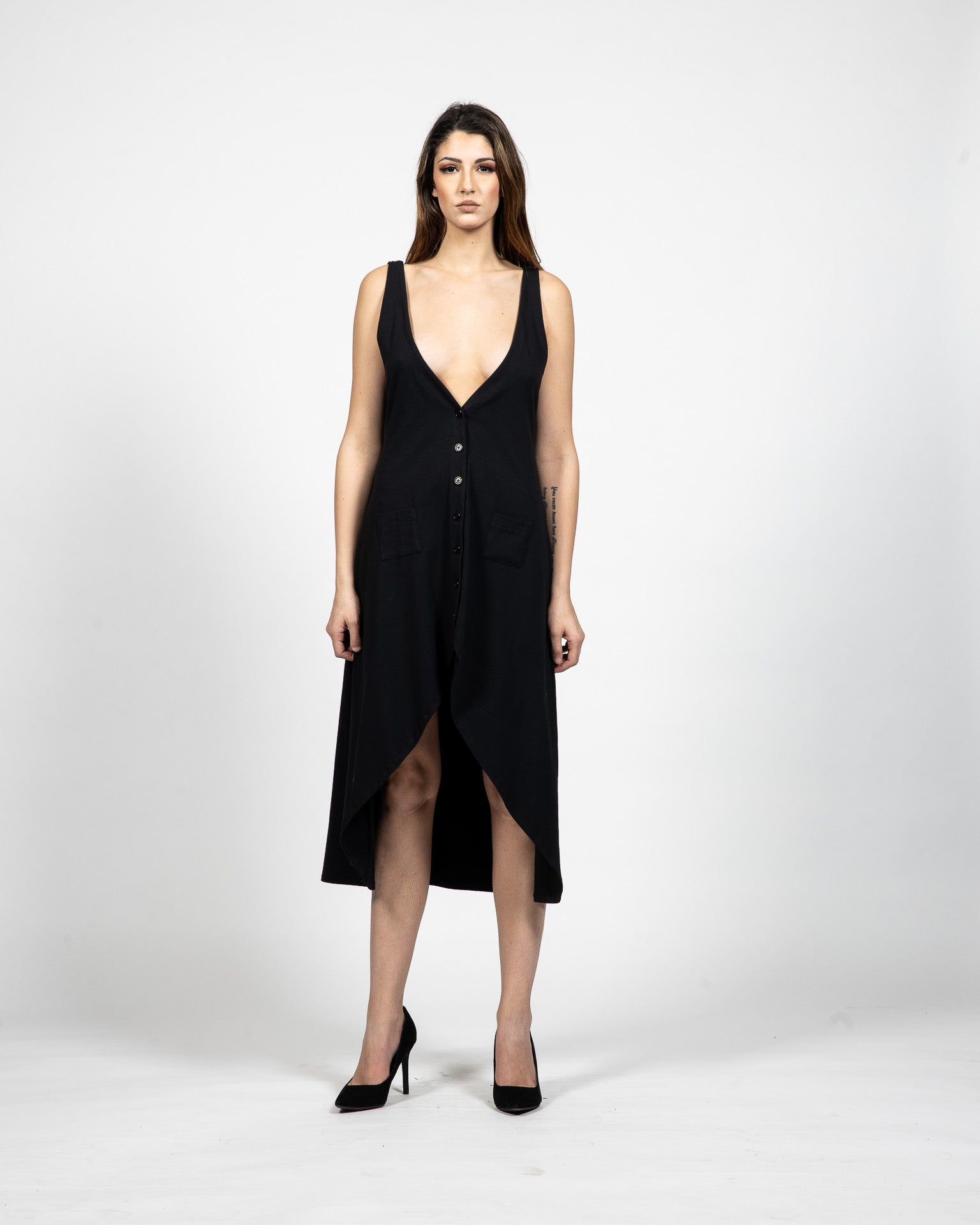 Deep V – Neckline Buttoned Black Dress - Front View - Samuel Vartan