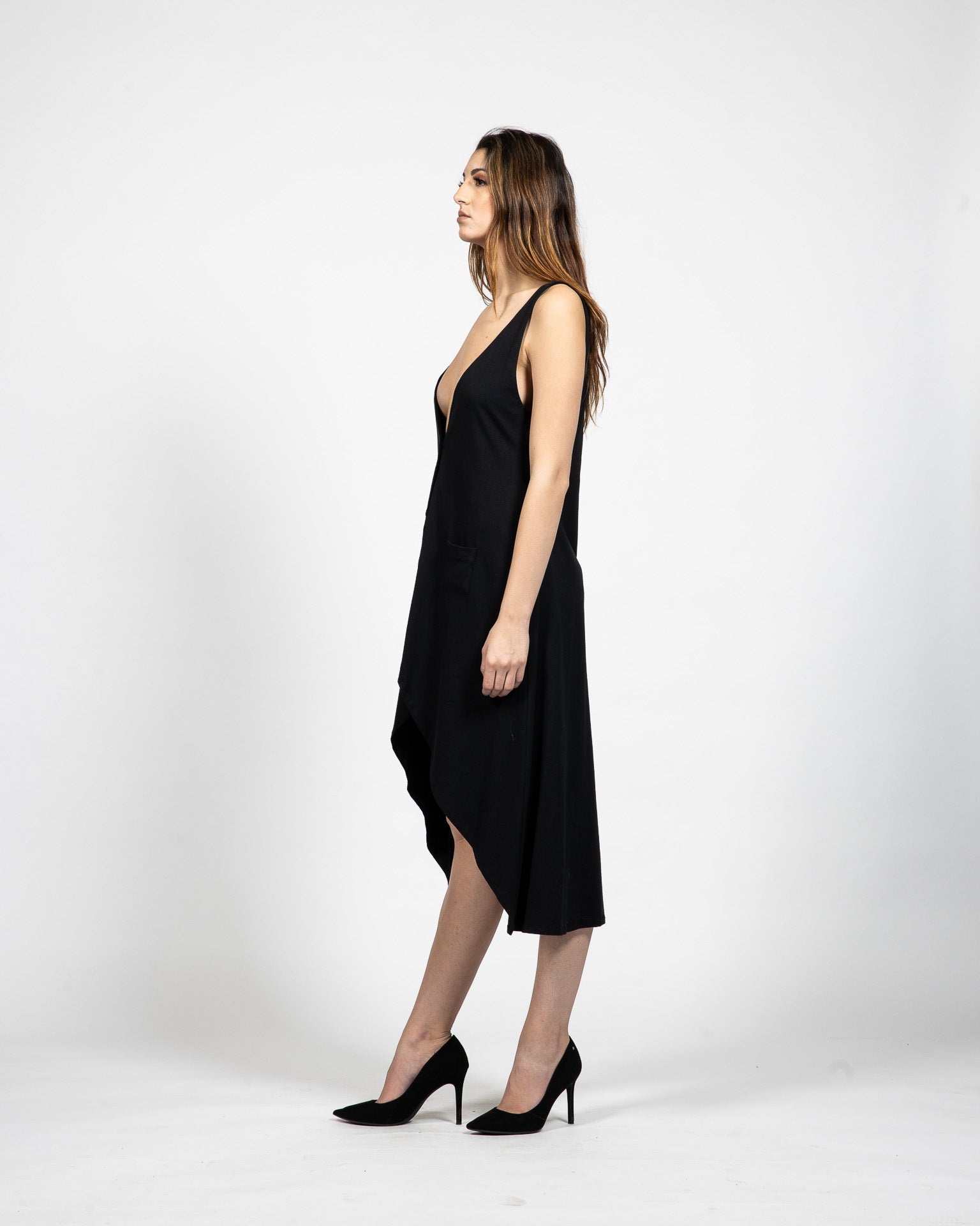 Deep V – Neckline Buttoned Black Dress - Side View - Samuel Vartan
