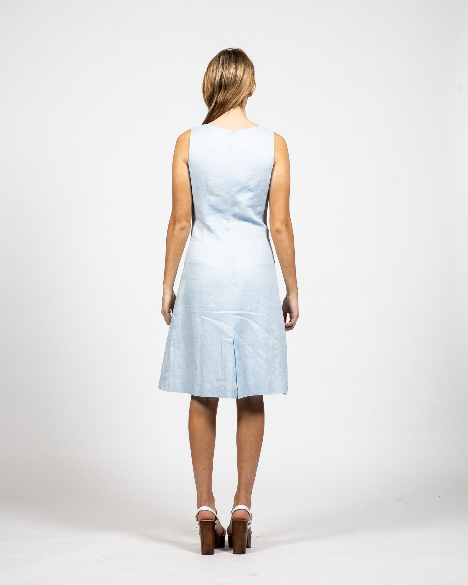 Crew Neck Light-Blue Linen Dress - Back View - Samuel Vartan