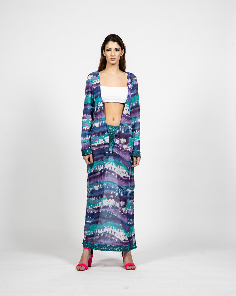 Long Kaftan Dress In Acid Dye Print - Front View - Samuel Vartan