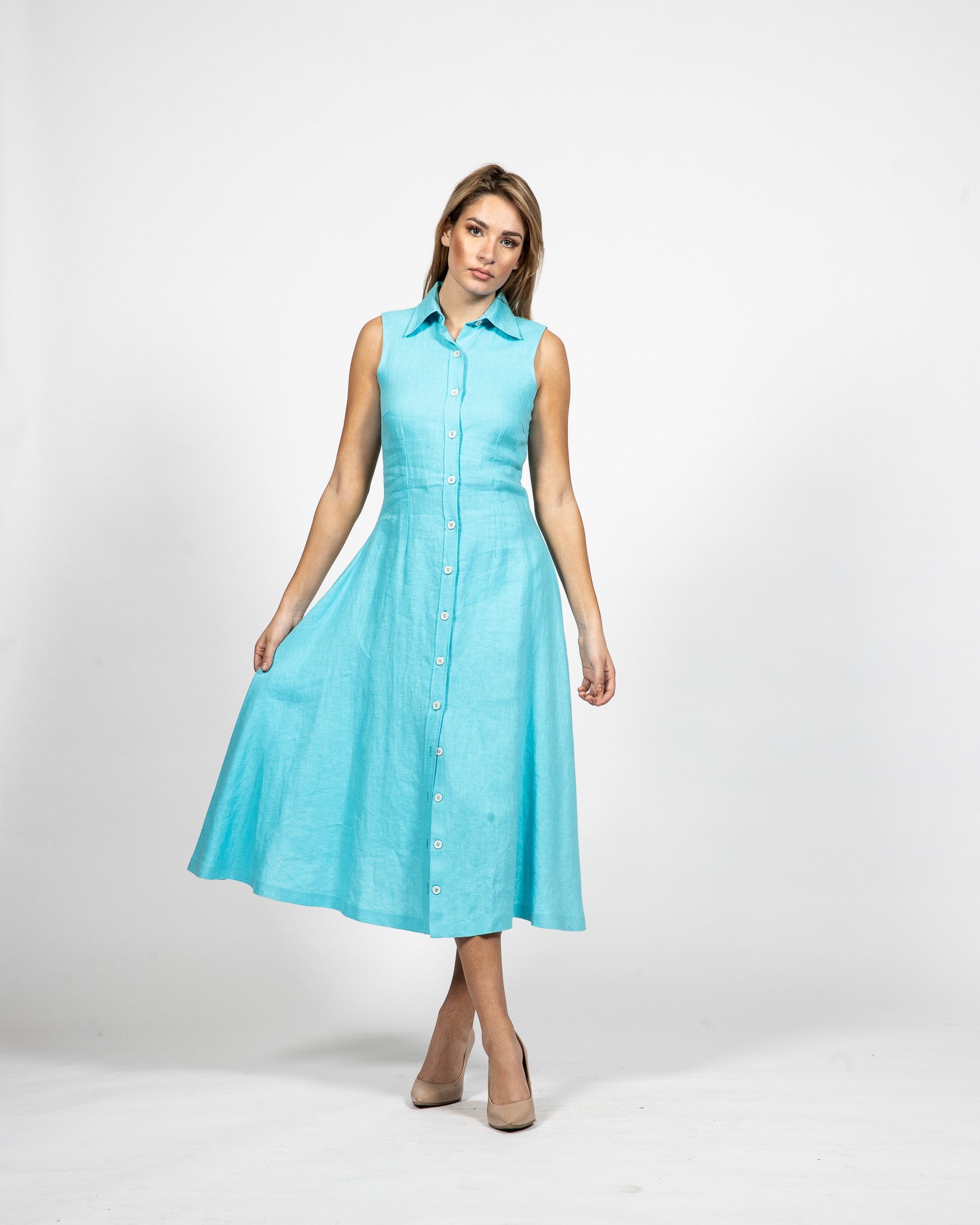 Long Buttoned Collar Dress Turquoise - Front alt View - Samuel Vartan