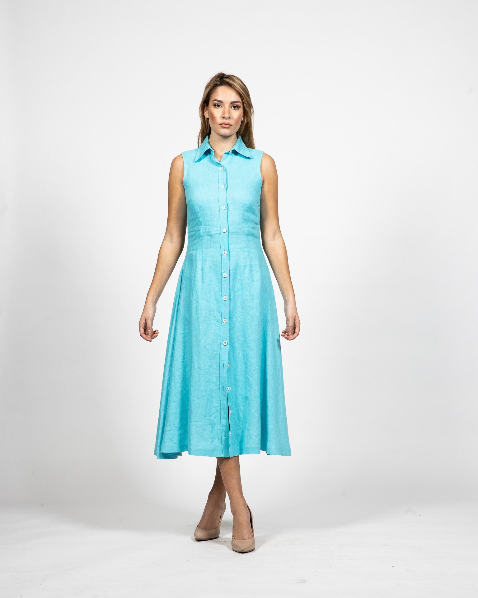 Long Buttoned Collar Dress Turquoise - Front View - Samuel Vartan