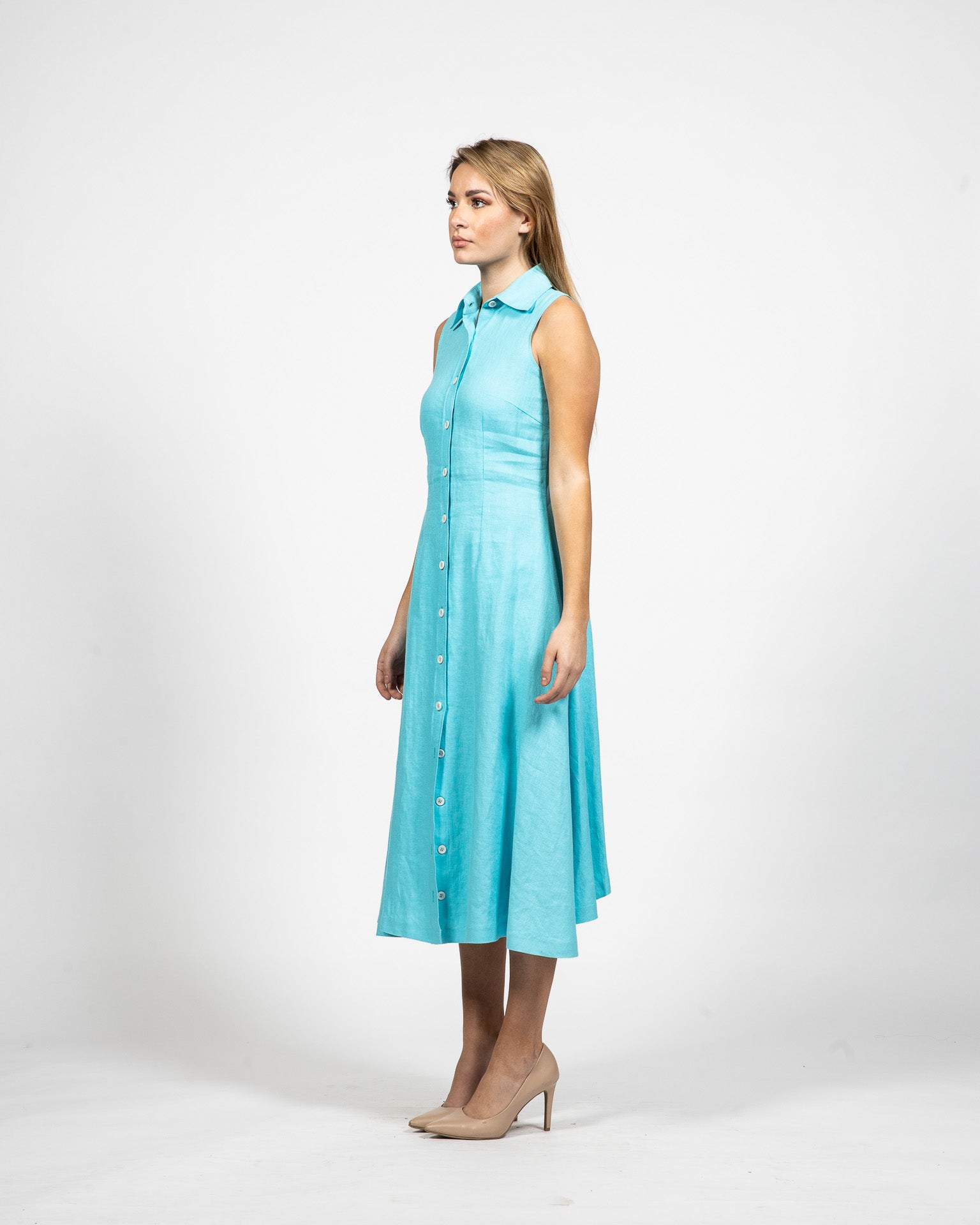 Long Buttoned Collar Dress Turquoise - Side View - Samuel Vartan