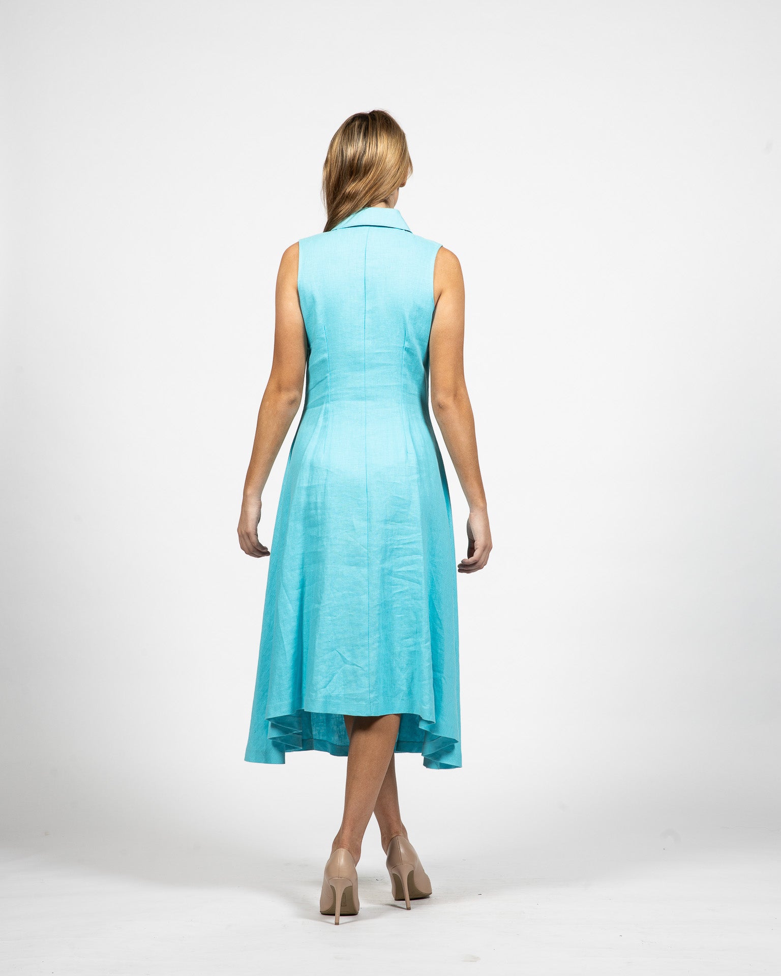 Long Buttoned Collar Dress Turquoise - Back View - Samuel Vartan