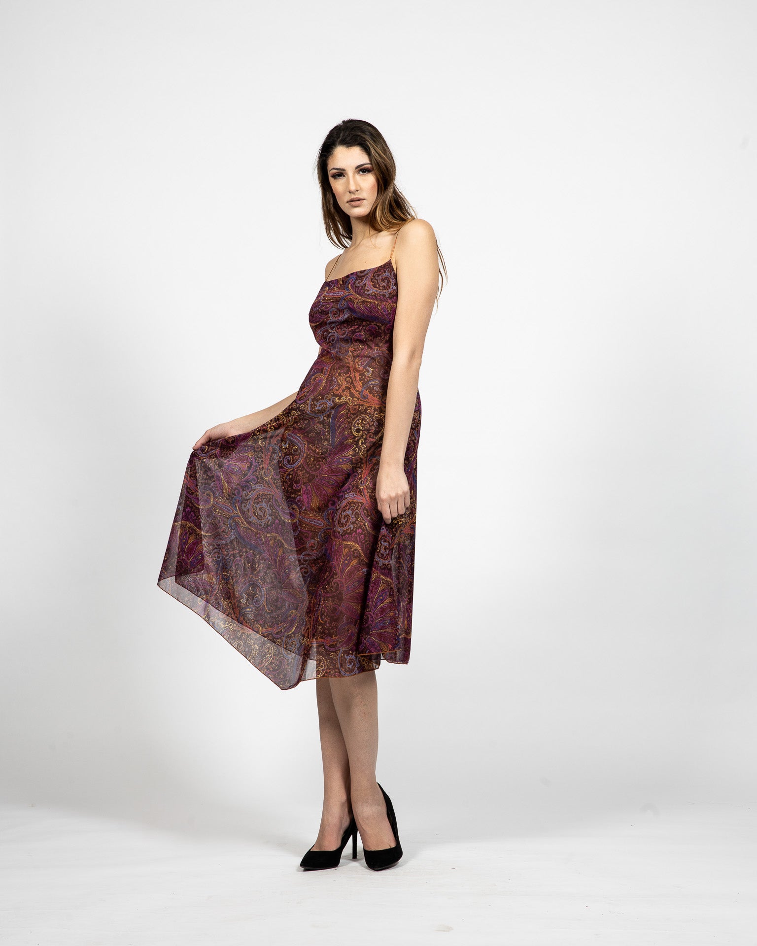 Purple Printed Strap Dress - 3/4th View - Samuel Vartan
