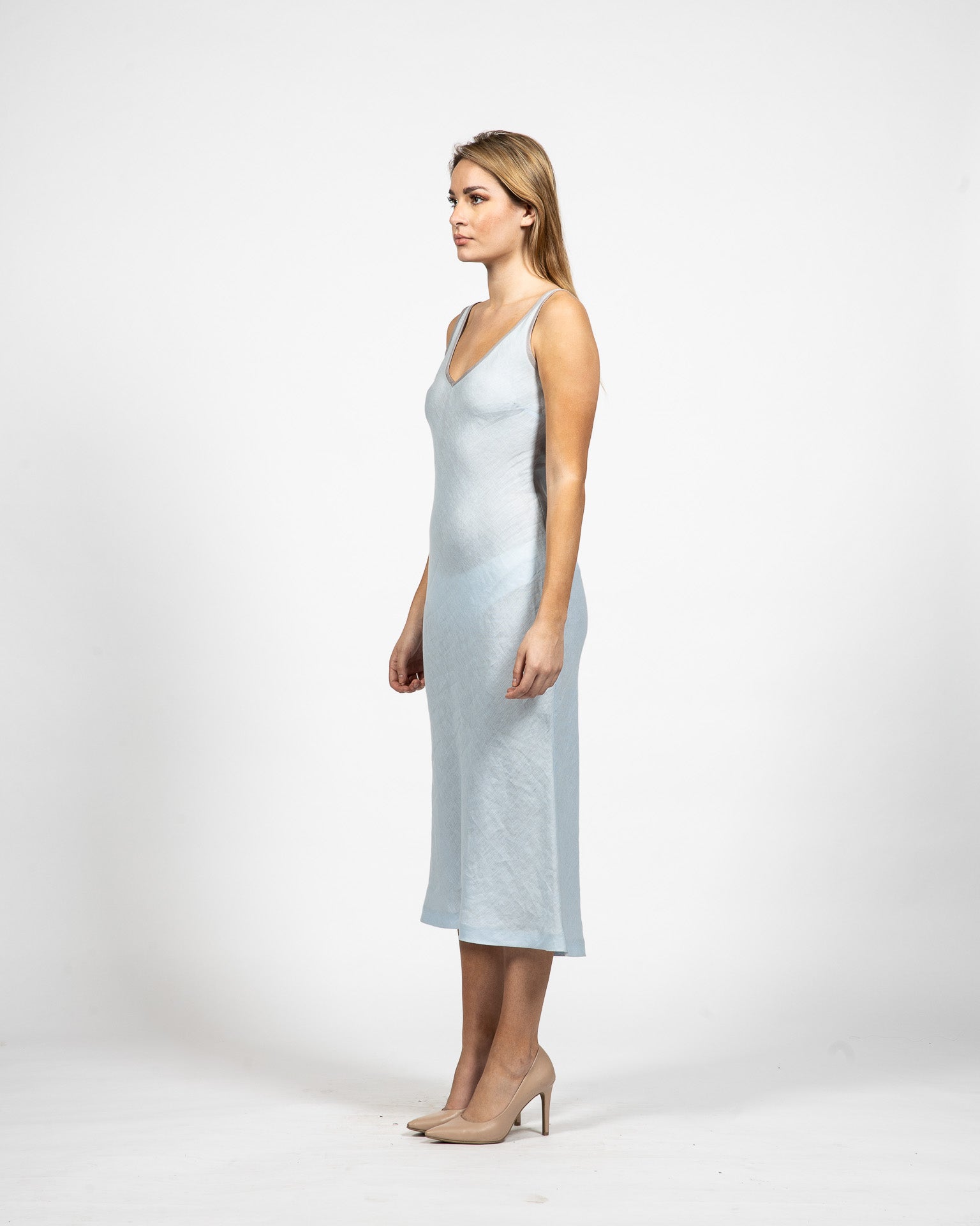 V – Neck Bias Cut Linen Dress - Side View - Samuel Vartan
