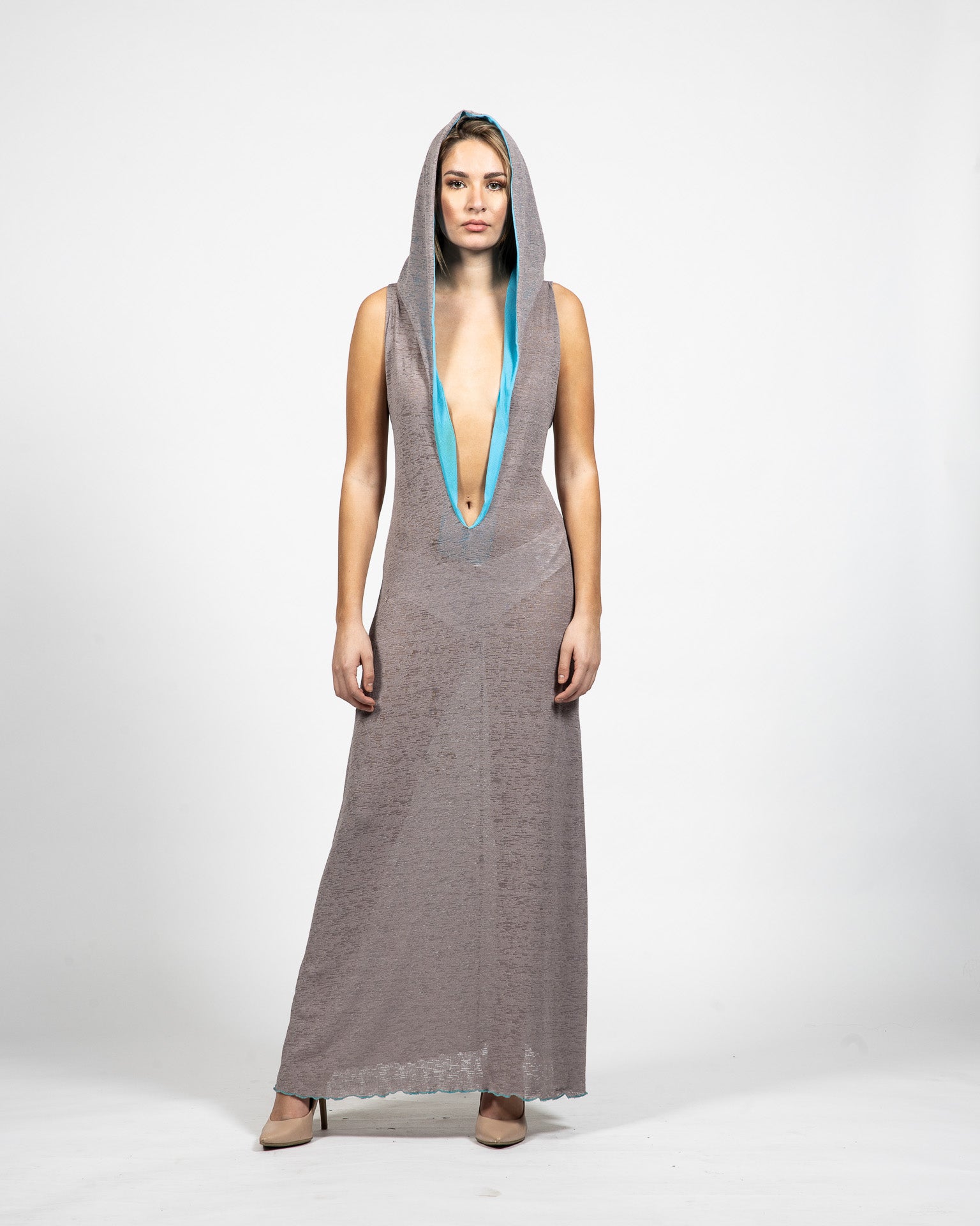 Long Grey Hooded Dress With Blue Accents - Front View - Samuel Vartan