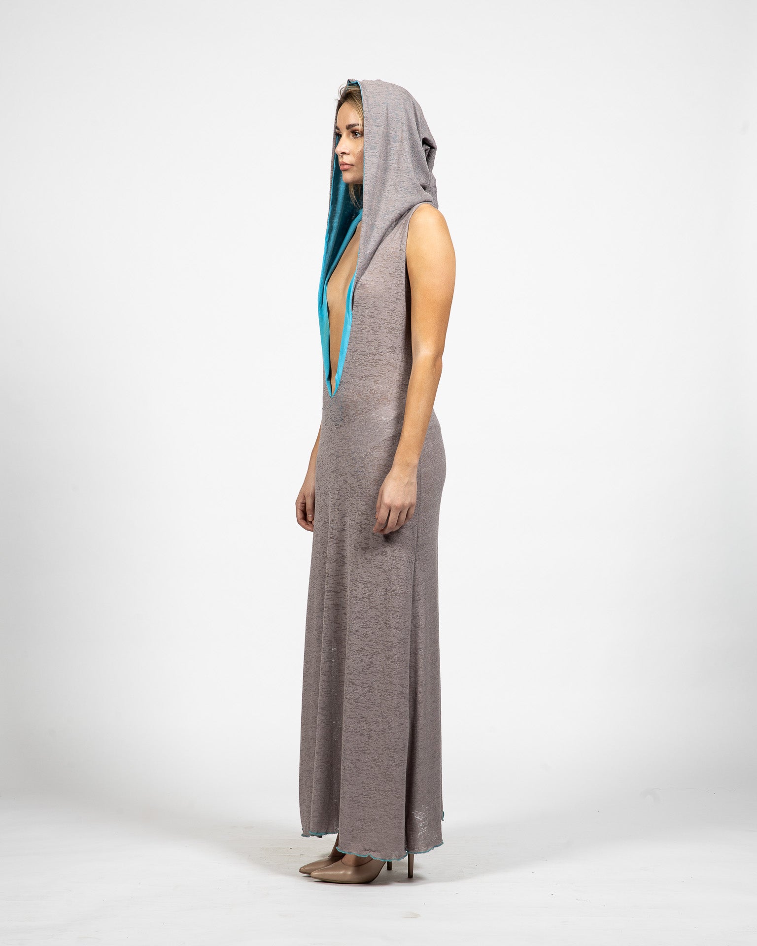 Long Grey Hooded Dress With Blue Accents - Side View - Samuel Vartan